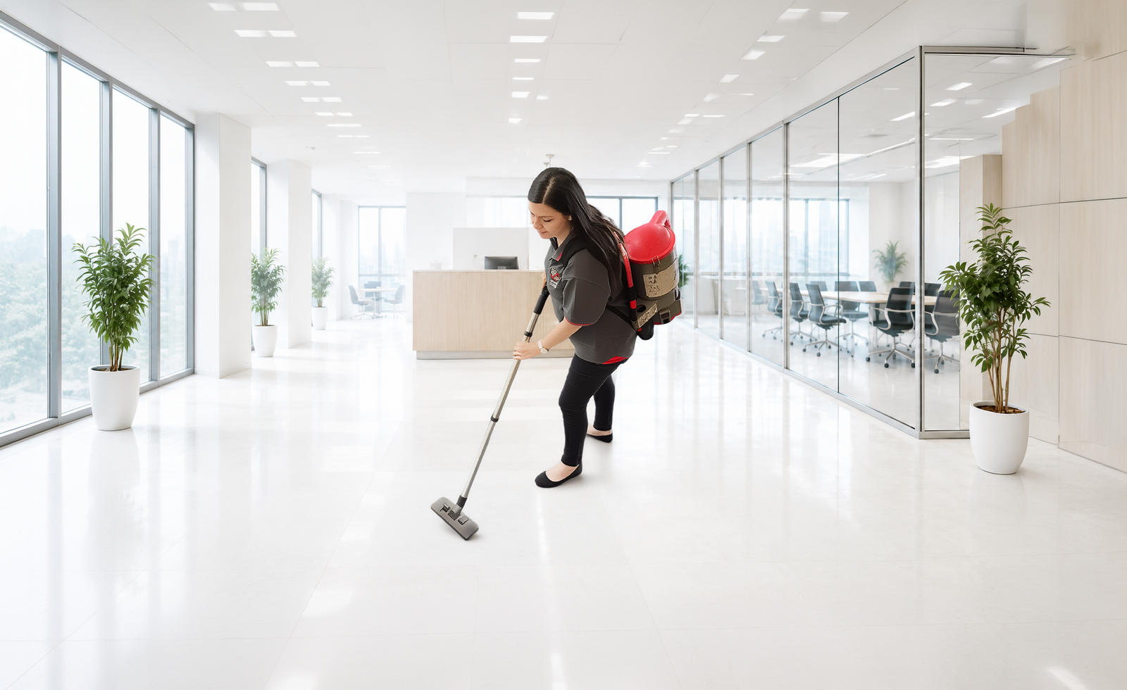 Dust Busters cleaner maintaining an office